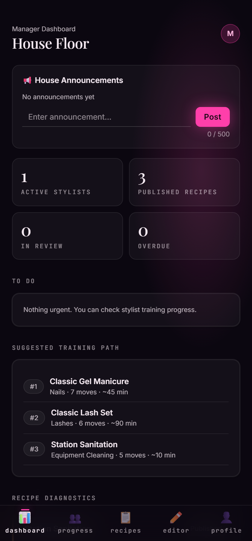 The production dashboard showing training paths and diagnostics