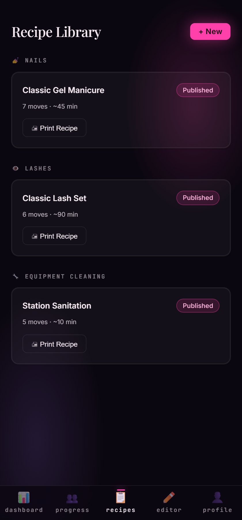 The setup library showing published shot protocols